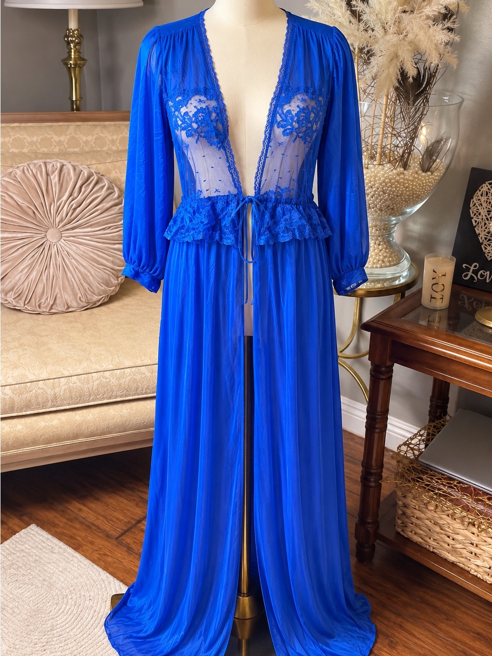Vintage La Notte Royal Blue Lace Sheer Peignoir Nightgown/Robe Made in USA